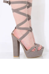 Grey Suede Tie Up Platform Heels - Janna-Heels