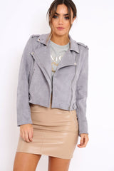 Grey Suedette Biker Jacket - Rachel-Jackets