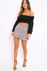 Grey Suedette Frill Hem Mini Skirt - Misse-Skirts