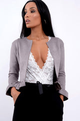Grey Suedette Frill Hems Jacket - Elsa-Jackets