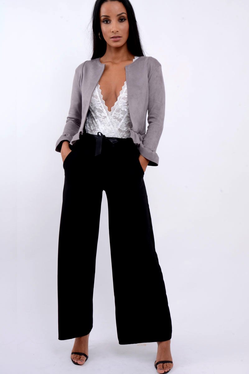 Grey Suedette Frill Hems Jacket - Elsa-Jackets