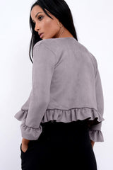 Grey Suedette Frill Hems Jacket - Elsa-Jackets