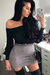 Grey Suedette Ruffle Hem Mini Skirt - Leearna-Skirts