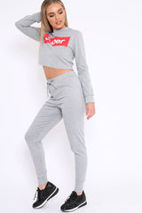 Grey Super Red Slogan Crop Jumper And Joggers Loungerwear Set - Olita-Loungewear
