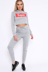 Grey Super Red Slogan Crop Jumper And Joggers Loungerwear Set - Olita-Loungewear