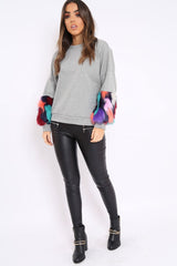 Grey Sweatshirt with Multicolour Fur Sleeves - Loise-Jumper