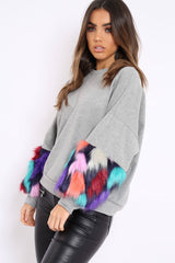 Grey Sweatshirt with Multicolour Fur Sleeves - Loise-Jumper