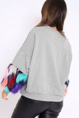 Grey Sweatshirt with Multicolour Fur Sleeves - Loise-Jumper