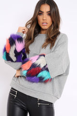 Grey Sweatshirt with Multicolour Fur Sleeves - Loise-Jumper