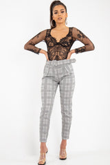 Grey Tartan Belted Tailored Trousers - Celena-Trousers