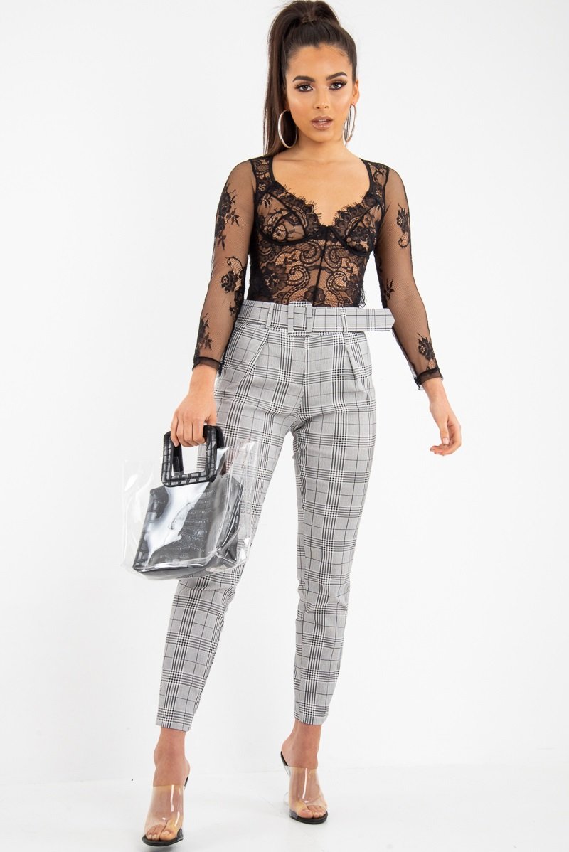 Grey Tartan Belted Tailored Trousers - Celena-Trousers