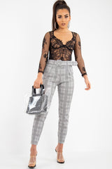 Grey Tartan Belted Tailored Trousers - Celena-Trousers