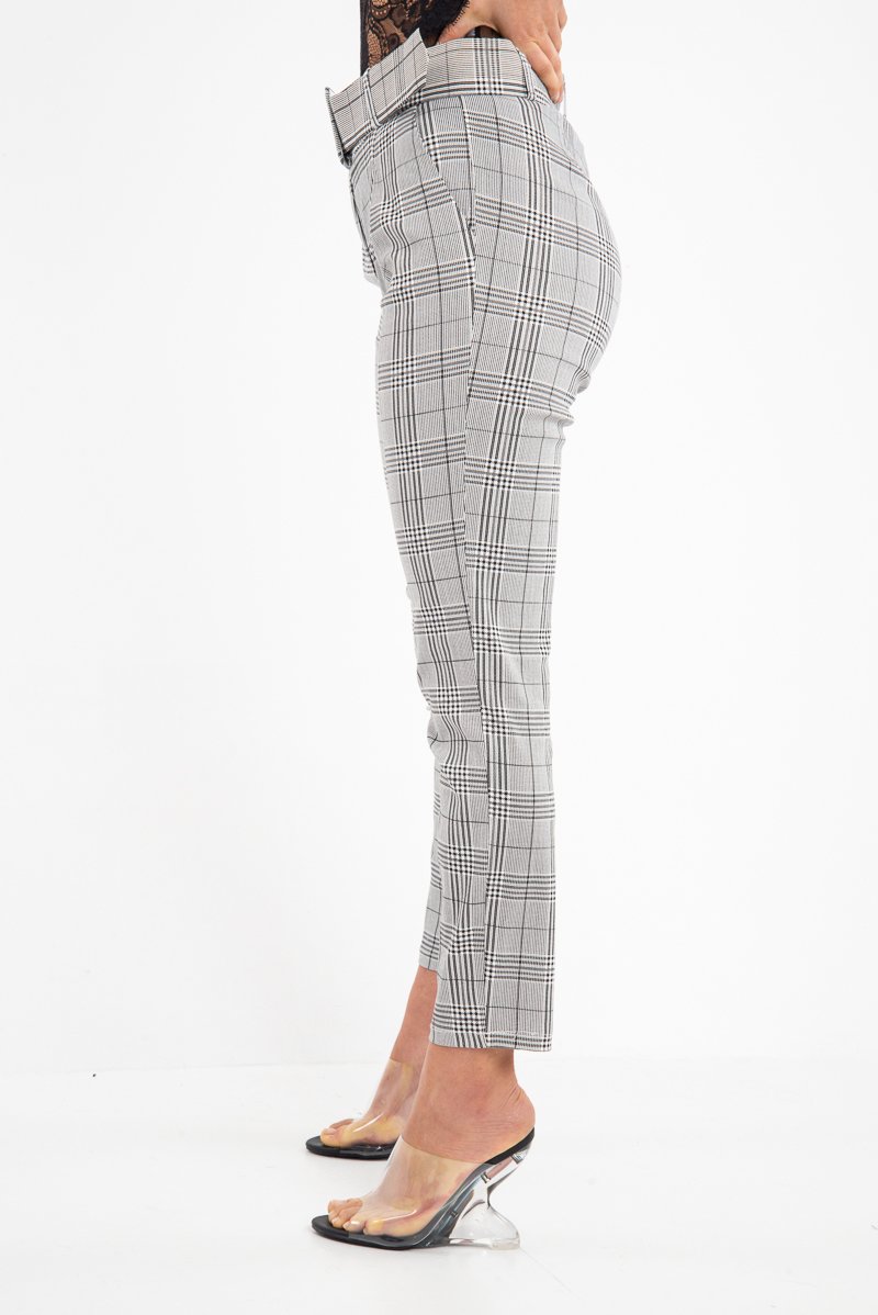 Grey Tartan Belted Tailored Trousers - Celena-Trousers