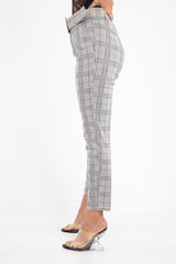 Grey Tartan Belted Tailored Trousers - Celena-Trousers