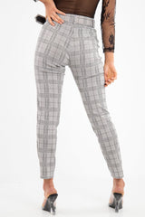 Grey Tartan Belted Tailored Trousers - Celena-Trousers
