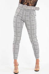 Grey Tartan Belted Tailored Trousers - Celena-Trousers