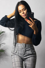 Grey Tartan Belted Tailored Trousers - Celena-Trousers