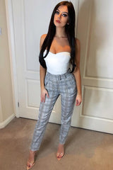 Grey Tartan Belted Tailored Trousers - Celena-Trousers