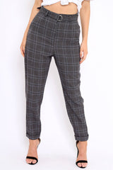 Grey Tartan Ring Belted Tapered Trousers - Klara-Trousers