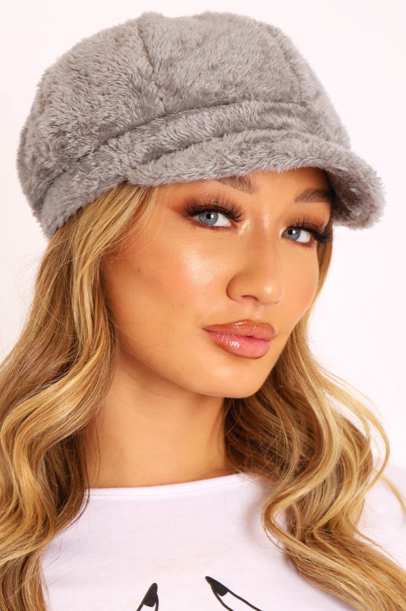 Grey Teddy Fabric Baker Boy Cap - Bryla-Hats