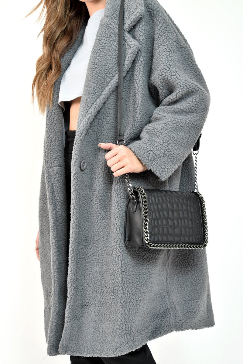 Grey Teddy Long Double Breasted Coat - Miriam-Coats