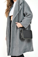 Grey Teddy Long Double Breasted Coat - Miriam-Coats