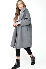 Grey Teddy Long Double Breasted Coat - Miriam-Coats