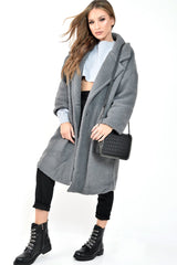 Grey Teddy Long Double Breasted Coat - Miriam-Coats