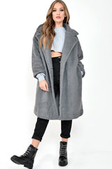 Grey Teddy Long Double Breasted Coat - Miriam-Coats