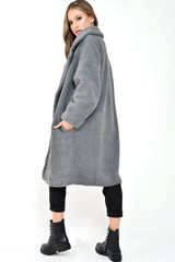 Grey Teddy Long Double Breasted Coat - Miriam-Coats