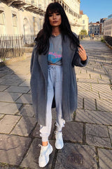 Grey Teddy Long Double Breasted Coat - Miriam-Coats