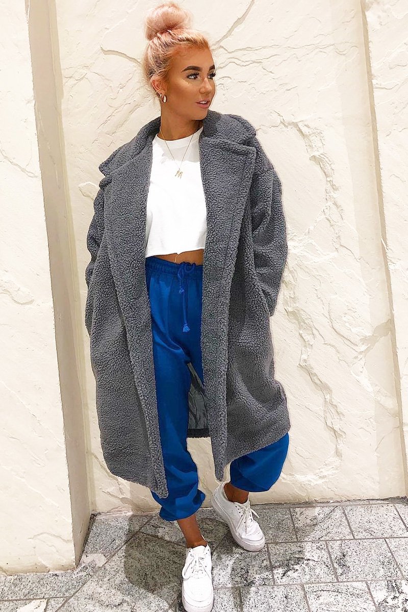 Grey Teddy Long Double Breasted Coat - Miriam-Coats