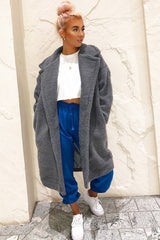 Grey Teddy Long Double Breasted Coat - Miriam-Coats