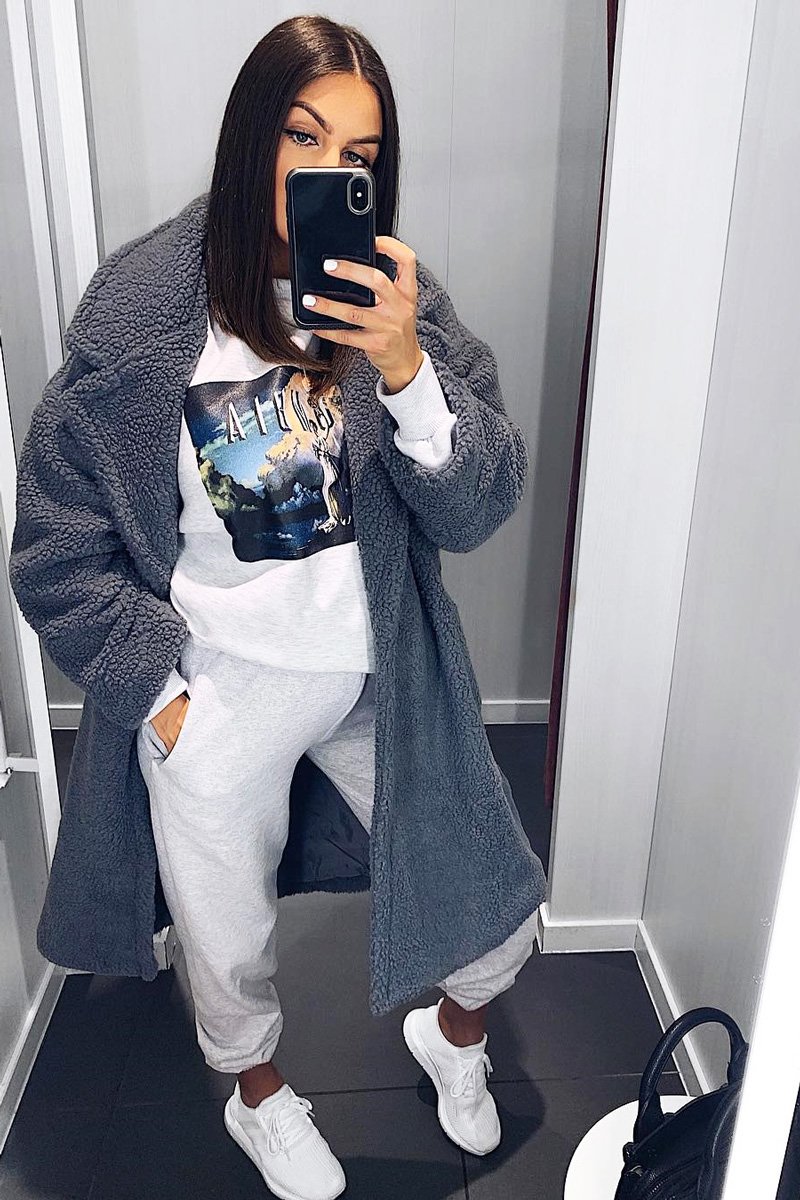 Grey Teddy Long Double Breasted Coat - Miriam-Coats