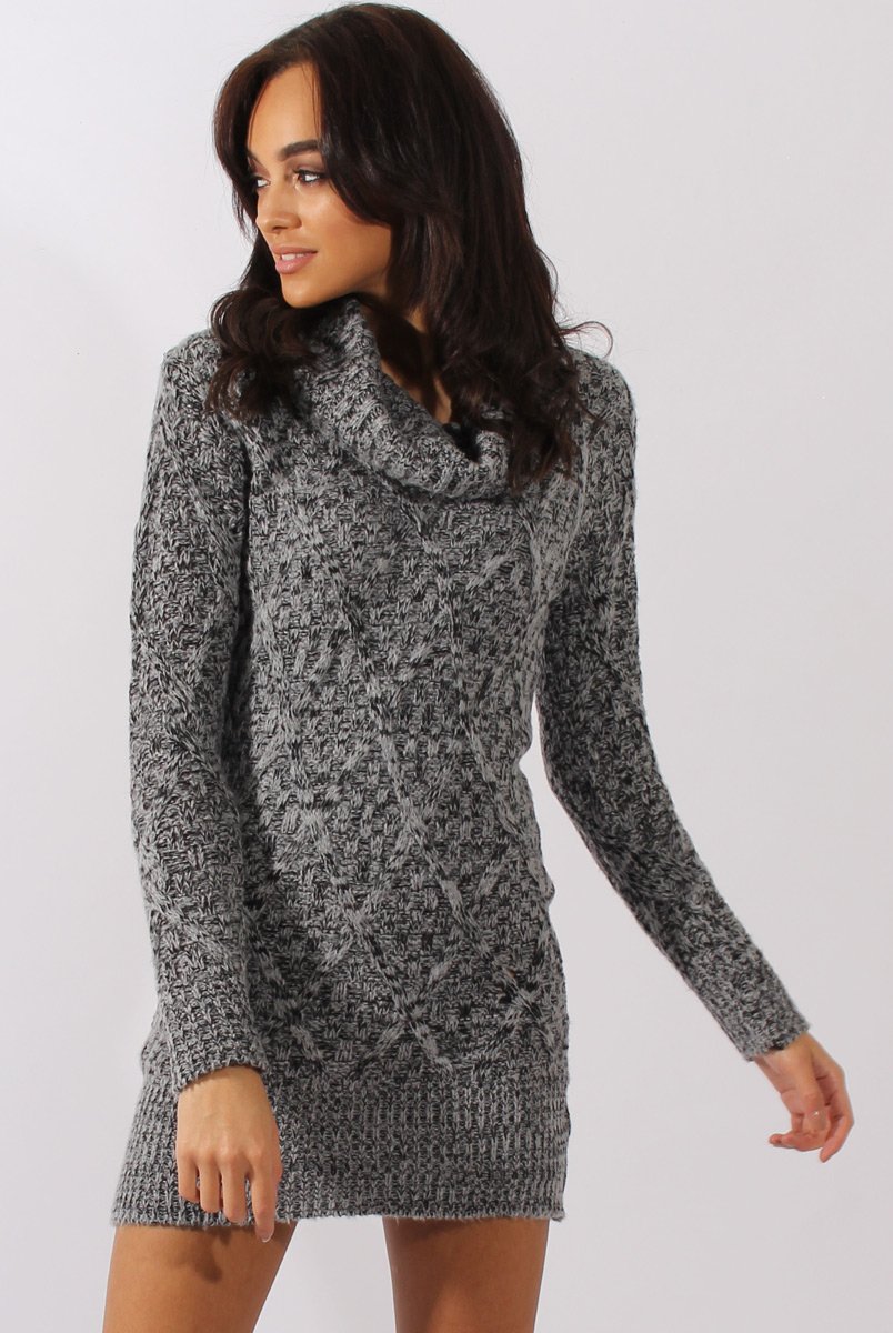 Grey Thick Knit Turtleneck Jumper Dress - Jameigh-Dresses