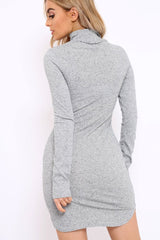 Grey Thin Knit Roll Neck Jumper Dress - Lacy-Dresses