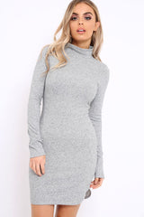 Grey Thin Knit Roll Neck Jumper Dress - Lacy-Dresses