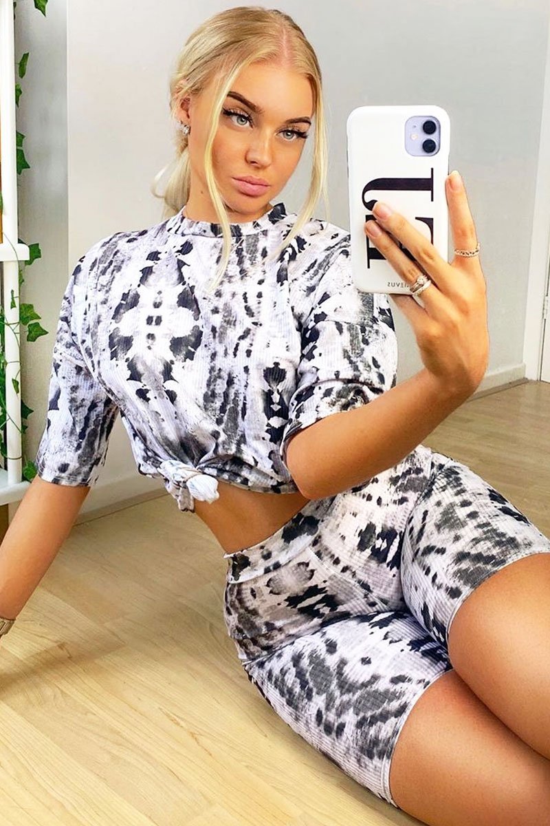 Grey Tie Dye Ribbed Cycling Shorts Co-ord - Haizlee-Co-ords