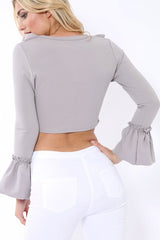 Grey Tie Front Bell Sleeve Crop Top - Angelina-Crop Tops