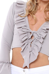 Grey Tie Front Bell Sleeve Crop Top - Angelina-Crop Tops
