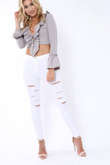 Grey Tie Front Bell Sleeve Crop Top - Angelina-Crop Tops