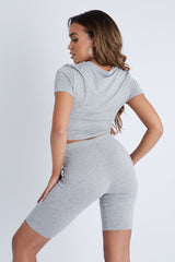 Grey Tie Front Cropped T-Shirt + Cycling Shorts Set - Neah-Co-ords