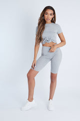 Grey Tie Front Cropped T-Shirt + Cycling Shorts Set - Neah-Co-ords
