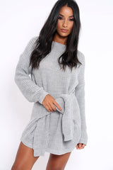 Grey Tie Front Knitted Jumper Dress - Harley-Dresses