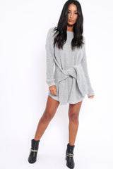Grey Tie Front Knitted Jumper Dress - Harley-Dresses