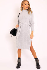 Grey Tie Waist High Neck Midi Jumper Dress - Ennie-Dresses