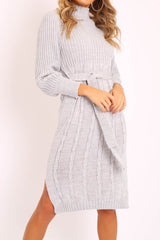 Grey Tie Waist High Neck Midi Jumper Dress - Ennie-Dresses