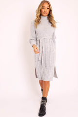Grey Tie Waist High Neck Midi Jumper Dress - Ennie-Dresses