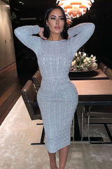 Grey Tie Waist High Neck Midi Jumper Dress - Ennie-Dresses