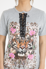 Grey Tiger Lace Up T-Shirt Dress - Autumn-Dresses
